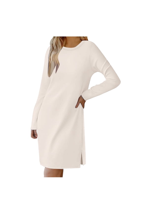 Golf Dresses for Women T-Shirt Dresses for Women Casual Long Sleeve Dress Trendy Fall Fashion Cozy Loose Fitting Fall Crewneck Mini Dress S-245 Beige S