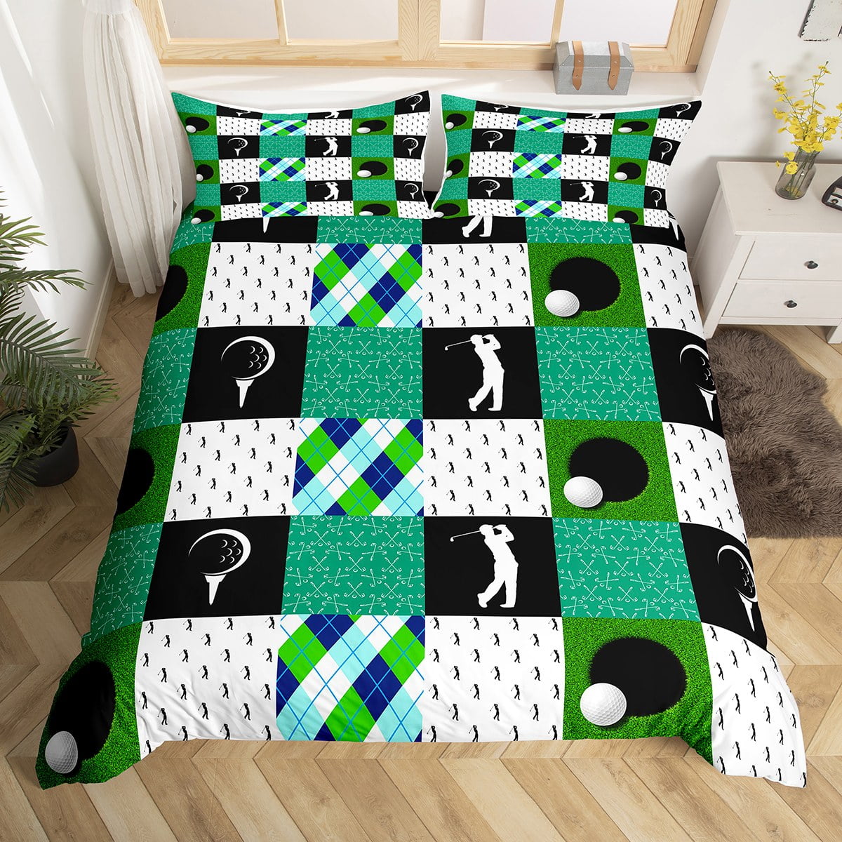 Golf Duvet Cover Queen Sports Bedding Set, Black White Green Comforter ...