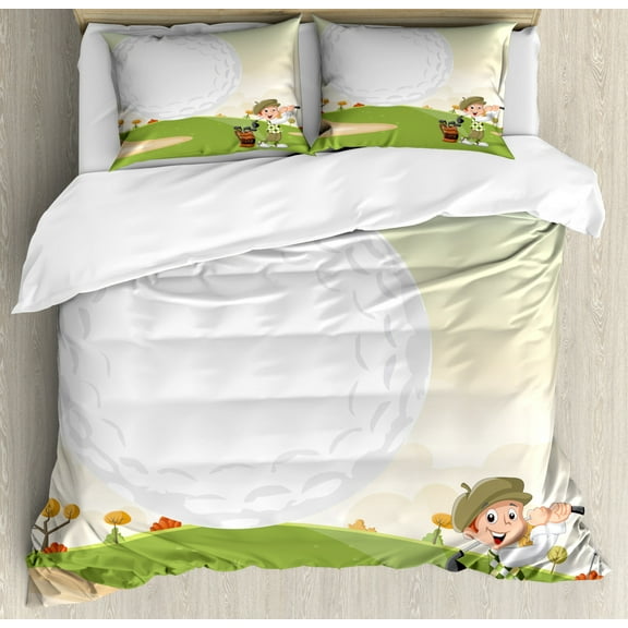 Golf Duvet Cover Set Queen Size, Little Boy Hitting a Ball on Green Course Kids Sport Childhood Joyful Cartoon, Decorative 3 Piece Bedding Set with 2 Pillow Shams, Multicolor, by Ambesonne
