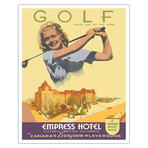 Golf - Empress Hotel - Victoria British Columbia - Canadian Pacific - Vintage Travel Poster by Norman Fraser c.1939 - Fine Art Matte Paper Print (Unframed) 16x20in