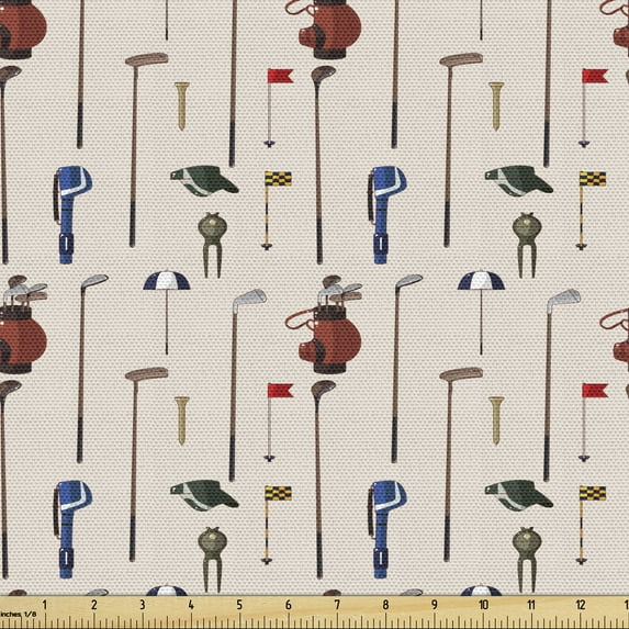 Ambesonne Golf Fabric by the Yard Upholstery, Club and Ball Sport Themed, 5 Yards, Multicolor