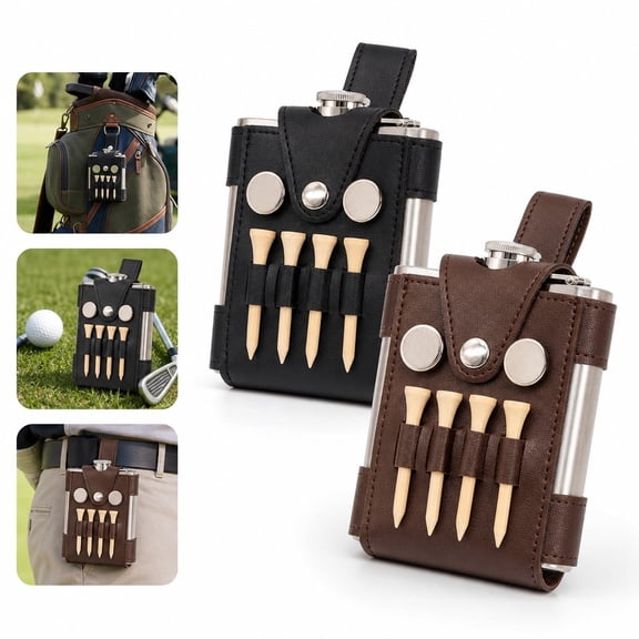 Golf Flask Leather Cover Case Set of 2, Black and Brown PU Leather Sleeve, Hip Flask Holder with Belt Clip