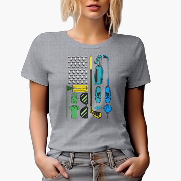 Golf Gears or Equipment Including a Tee, Balls, Clubs, Bag & Shoes, Golf Player, Golfing or Golfer Themed Merch Gift, Heather Grey T-Shirt, L