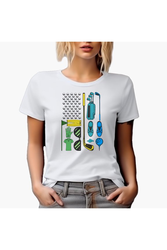 Golf Gears or Equipment Including a Tee, Balls, Clubs, Bag & Shoes, Golf Player, Golfing or Golfer Themed Merch Gift, White T-Shirt, M
