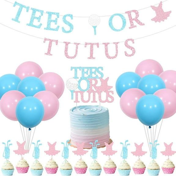 Golf Gender Reveal Decorations, Tees or Tutus Banner Balloons Pink Blue Cupcake Toppers for Boy or Girl Golf Baby Shower Gender Reveal Party Supplies