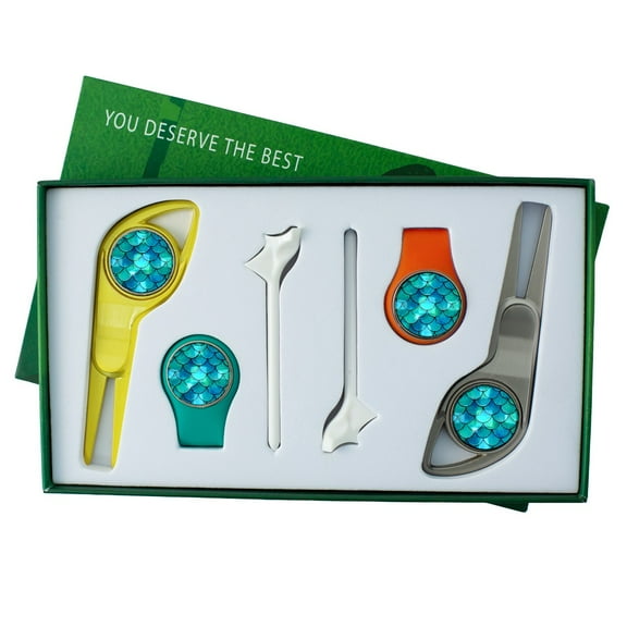 Golf Gift Box for Men Portable Golf Accessories Set with Golf Ball Tees Green Fork Hat Clips Customizable Magnetic Labels Blue Scale Pattern