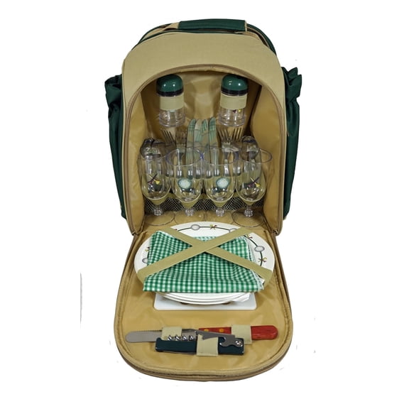 Picnic Basket Back Pack - 32 Piece Set - Insulated Wine Bottle Holders, Cheese cutter & Cutting Board, Wine Opener, Salt & Pepper Shakers & More in this Comfortable Backpack