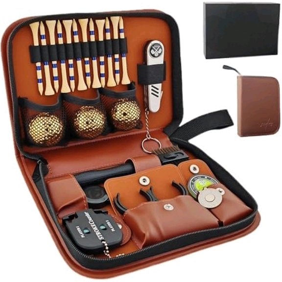 Golf Gifts for Men and Women, Golf Accessories Set in High-End Case with Gold-Colored Golf Balls, Golf Tees, Brush, Divot Tool, Golf Green Reader, Magnetic Hat Clip, Scorer, Golf Ball Clamp