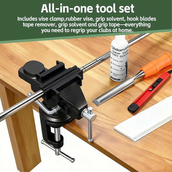 Golf Grip Kit for Regripping Golf Clubs – All-in-One Golf Regripping Kit with Portable Table Vise Rubber Clamp, Hook Blade, Grip Tape, Solvent & Tools – Golf Grip Replacement Kit