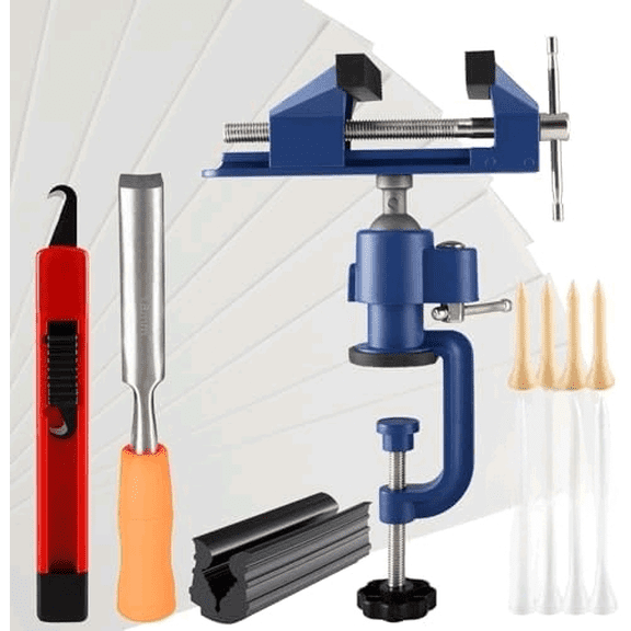 Golf Grip Repair Tabe Kit golf grip station Complete Regripping Tool: 360 Vise Clamp, Hook Blade, 15 Tapes, Rubber Sleeve with 8 Premium Tees for Home/Garage DIY Golfers Gifting