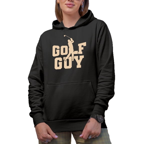 Golf Guy with a Swinging Man or Male Golf Player, Golfing or Golfer Themed Merch Gift, Black Hooded Sweatshirt or Hoodie, Small