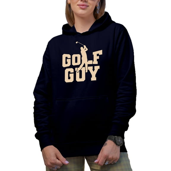 Golf Guy with a Swinging Man or Male Golf Player, Golfing or Golfer Themed Merch Gift, Navy Blue Hooded Sweatshirt or Hoodie, Medium