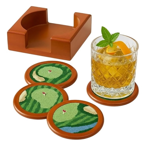 Golf Hand-Stitched Needlepoint Coasters - Set of 4 - Wooden Holder Solid Wood with Needlepoint Inlay with French Cotton Thread 4" Durable Decorative Gift, Drink Mats Golfers Barware Gifts