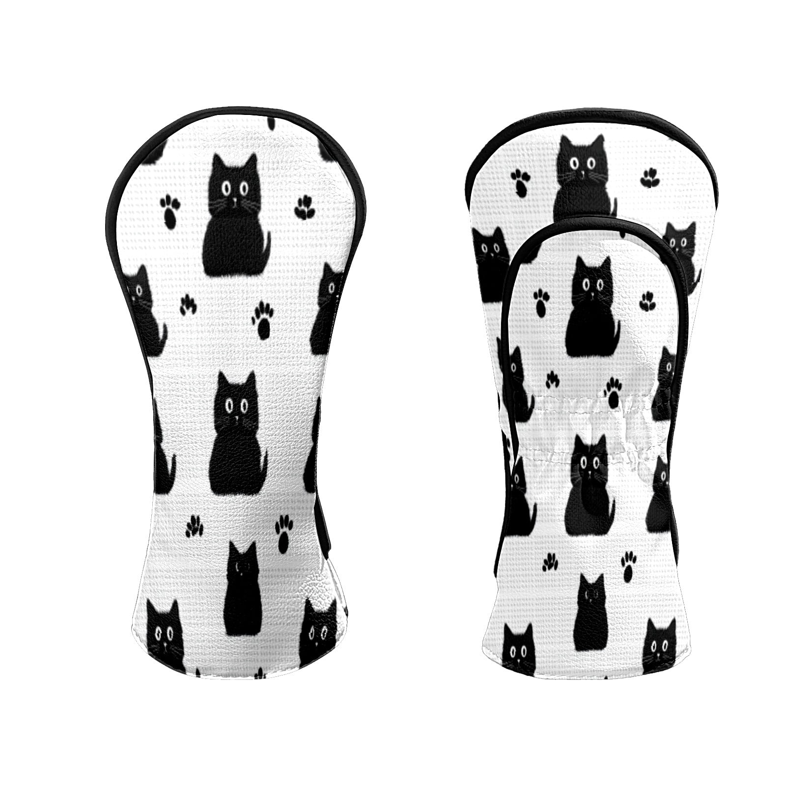 Golf Head Covers for Woods and Driver Waterproof Leather Golf Club Head Covers for Women Men Golf Driver Fairway Wood Headcover Black Cat & Paw Grid Design