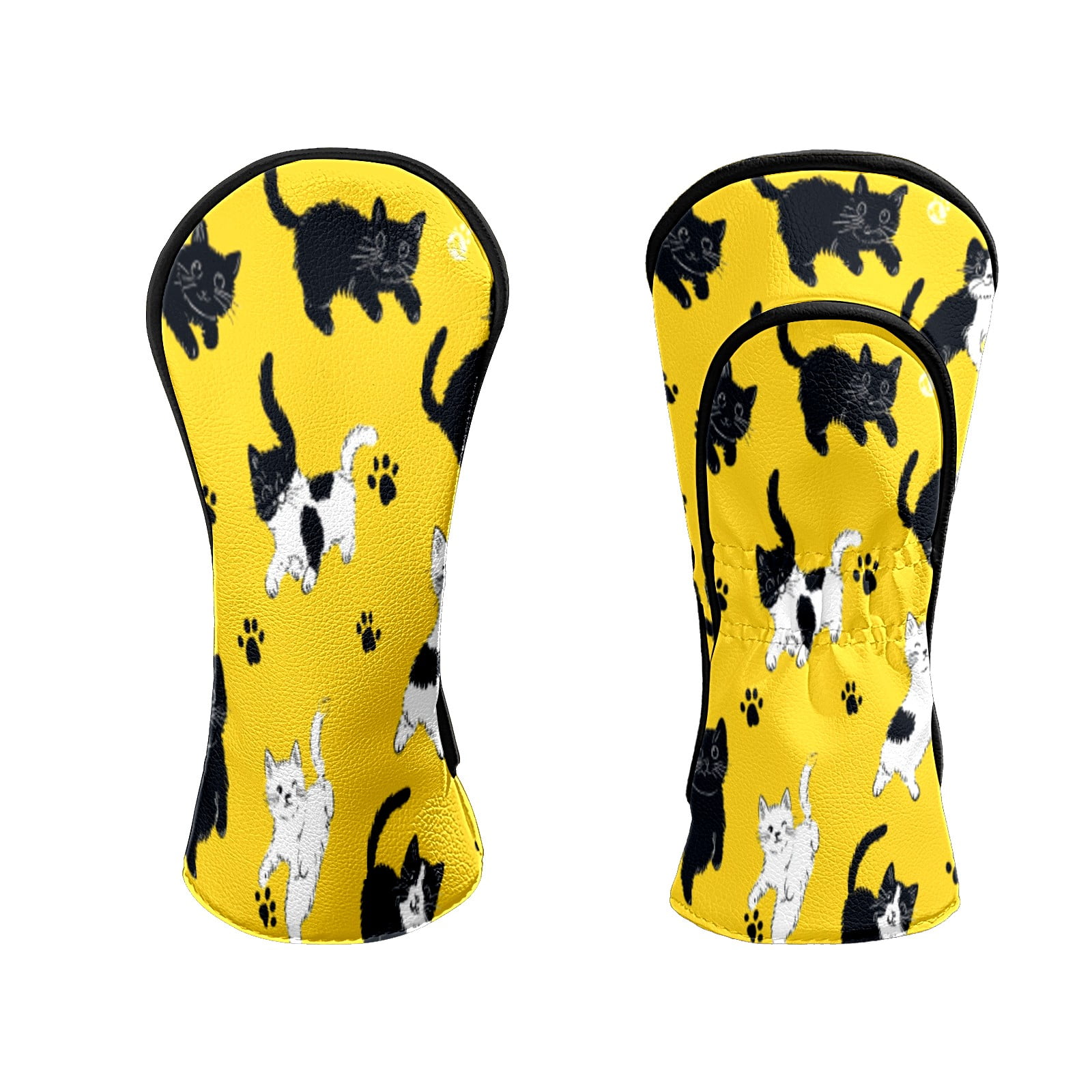 Golf Head Covers for Woods and Driver Waterproof Leather Golf Club Head Covers for Women Men Golf Driver Fairway Wood Headcover Black-White Cat & Paw Pattern