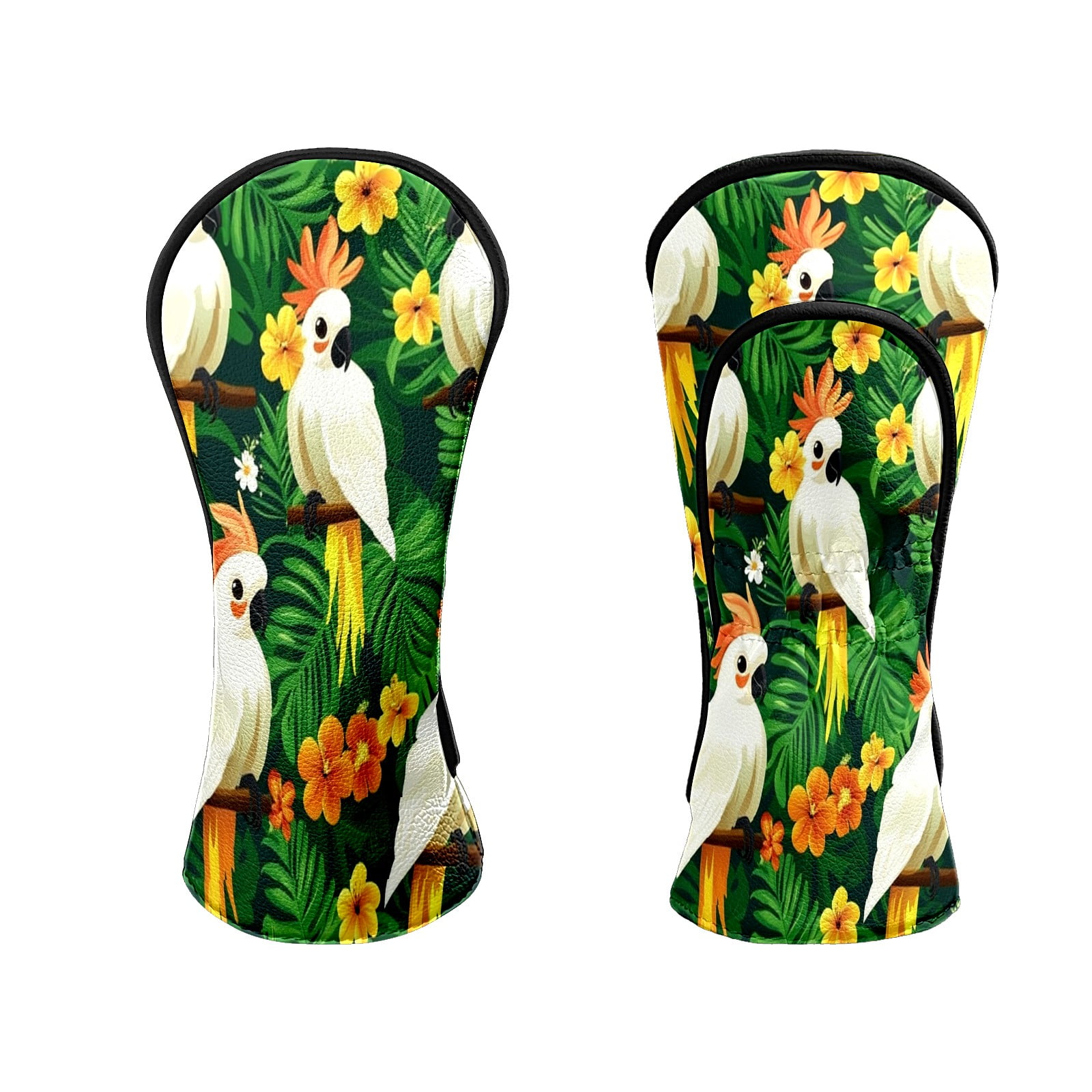 Golf Head Covers for Woods and Driver Waterproof Leather Golf Club Head Covers for Women Men Golf Driver Fairway Wood Headcover White Parrot & Flower Jungle Design
