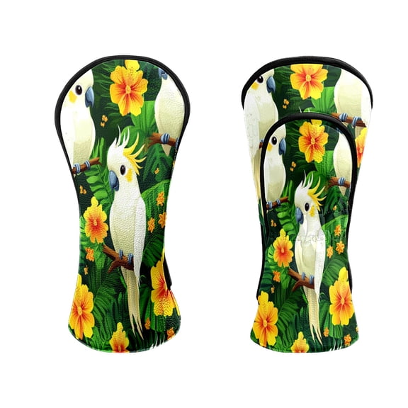 Golf Head Covers for Woods and Driver Waterproof Leather Golf Club Head Covers for Women Men Golf Driver Fairway Wood Headcover White Parrot & Flower Pattern