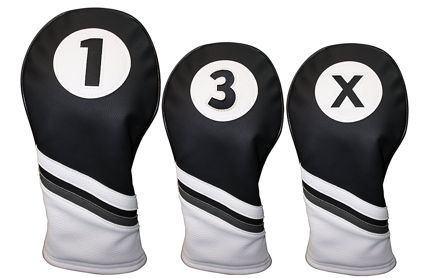 Golf Headcovers Black and White Leather Style 1, 3, X Driver and Fairway Head Covers Fits 460cc Drivers