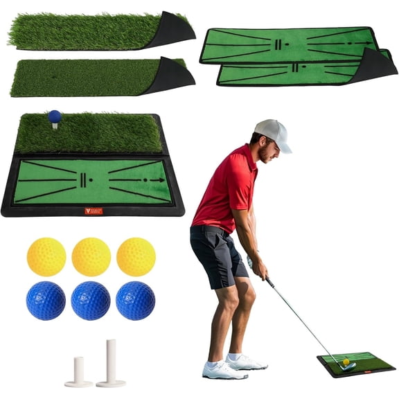 Golf Hitting Mat, 4 count Dual Turf Golf Practice Mat for Indoor Outdoor Swing Path Feedback, Driving, Chipping, Putting, Durable Artificial Grass Golf Mats for Men Women, 20"x16" Aid with Tees
