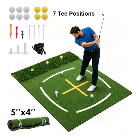 Golf Hitting Mat 5'x4  with Cross Stance Guide, Indoor Outdoor Golf Practice Mat with 7 Tee Positions, Heavy Duty Swing Turf for Backyard Garage Training  Includes Balls, Tees & Strap