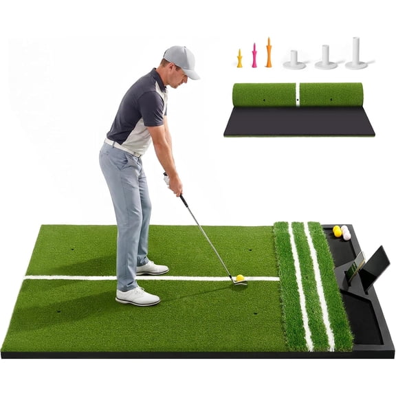 Golf Hitting Mat, 6' x 4' Large Golf Practice Mat with Ball Tray, Phone Slot & Alignment Guide, Heavy Duty Artificial Turf Golf Training Mat for Indoor Outdoor Backyard Driving Range