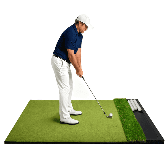 OKESAM Golf Hitting Mat Built-in Ball Tray Dual-Turf Thick EVA Base Foldable 1-Pack 5x4ft