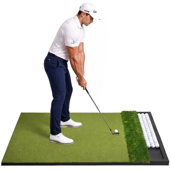 OKESAM 5x4ft Golf Hitting Mat, Foldable Dual-Turf Practice Mat with Built-in Ball Tray, 26mm Thick EVA Base, Indoor Outdoor Golf Training