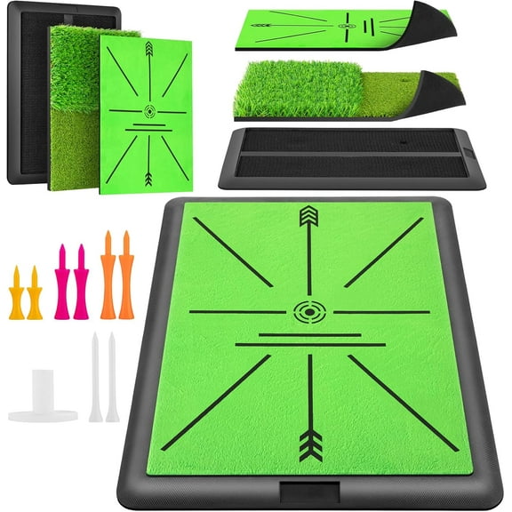 Golf Hitting Mat, Golf Mats Practice Outdoor Indoor for Swing Path Feedback Detection Batting, 16"x12" Artificial Dual Turf Golf Mat with Tees for Training, Driving, Chipping