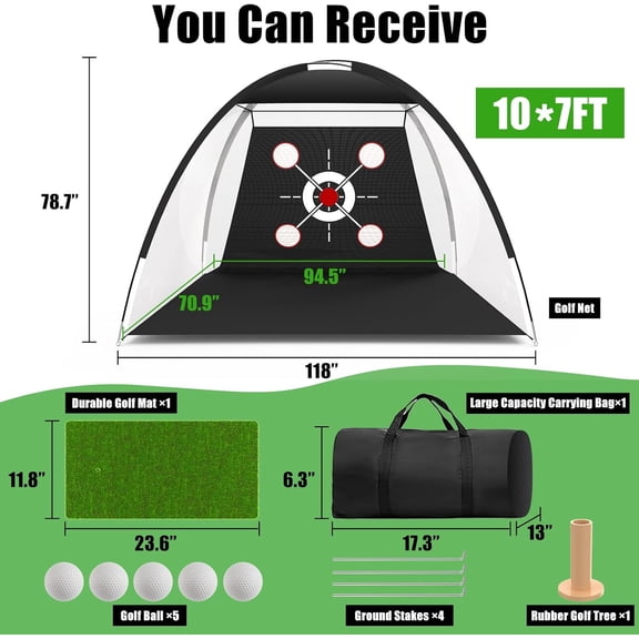 Golf Hitting Net 10x7 FT with Mat - Professional Backyard Golf Practice Net Set Includes 5 Golf Balls, Turf Mat, Carry Bag | Indoor & Outdoor Training Net for Driving, Chipping, Swing Practice