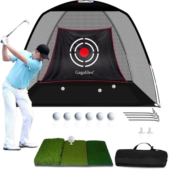 Galileo 10*7*6 Golf Practice Net with 2-in-1 Turf Mat - Portable Backyard Driving Range Kit for Indoor/Outdoor, Includes Balls, Tees & Target