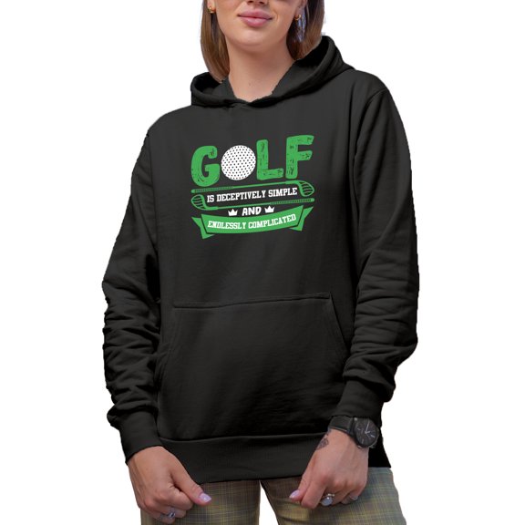 Golf Is Deceptively Simple and Endlessly Complicated with a Ball, Golf Player, Golfing or Golfer Themed Merch Gift, Black Hooded Sweatshirt or Hoodie, Small