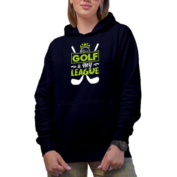 Golf Is My League with a Ball & Clubs, Golf Player, Golfing or Golfer Themed Merch Gift, Navy Blue Hooded Sweatshirt or Hoodie, Small