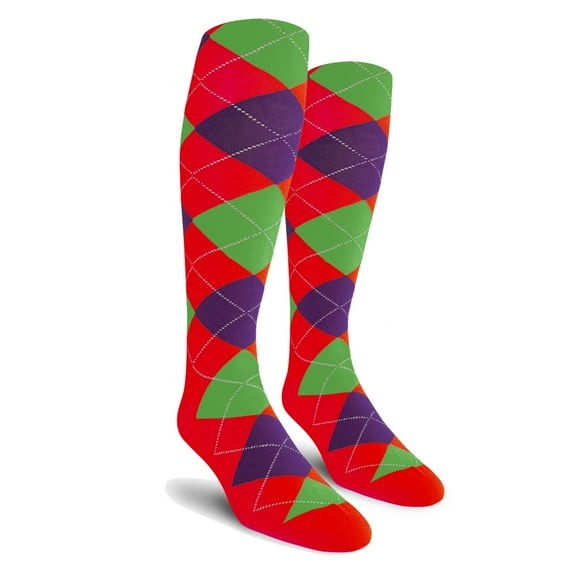 Golf Knickers Colorful Knee High Argyle Cotton Socks For Men Women and Youth - 5C: Red/Purple/Lime - Mens
