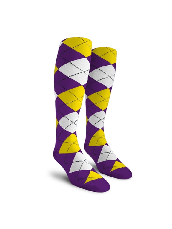 Colorful Knee High Argyle Cotton Socks For Men Women and Youth - 5Q: Purple/Yellow/White - Ladies