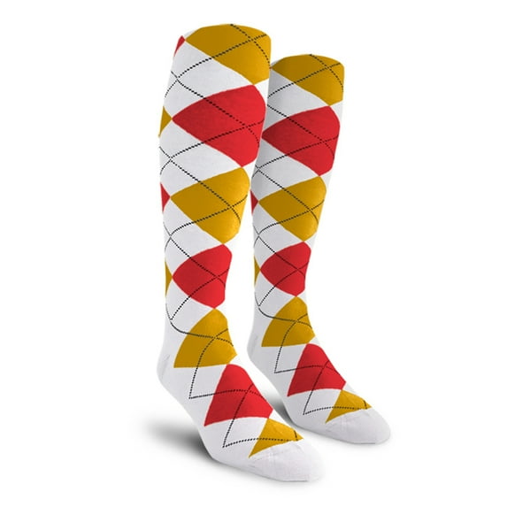 Golf Knickers Colorful Knee High Argyle Cotton Socks For Men Women and Youth - 5W: White/Gold/Red - Mens