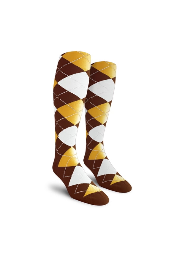 Colorful Knee High Argyle Cotton Socks For Men Women and Youth - EEEE: Brown/Gold/White - Ladies