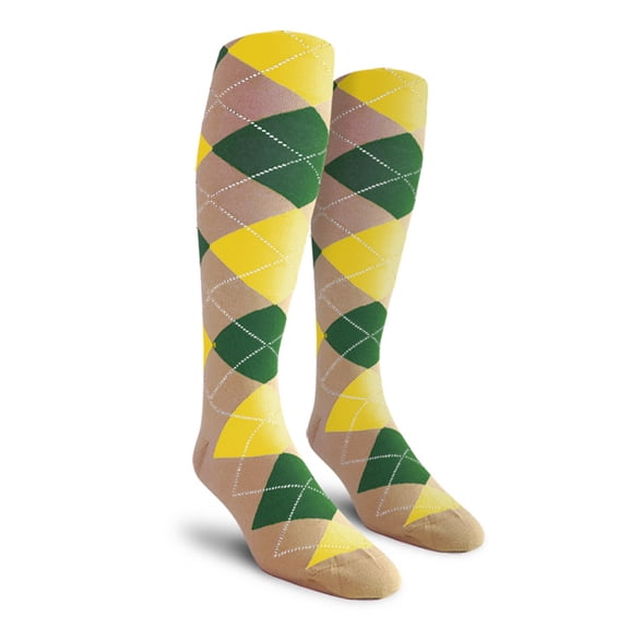 Golf Knickers Colorful Knee High Argyle Cotton Socks For Men Women and Youth - KKK: Khaki/Dark Green/Yellow - Mens