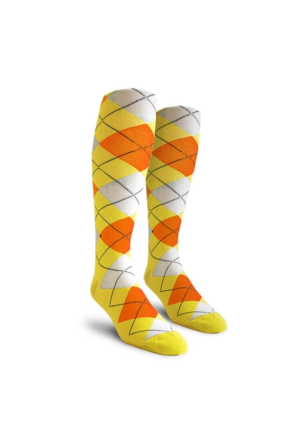 Colorful Knee High Argyle Cotton Socks For Men Women and Youth - TTT: Yellow/Orange/White - Ladies