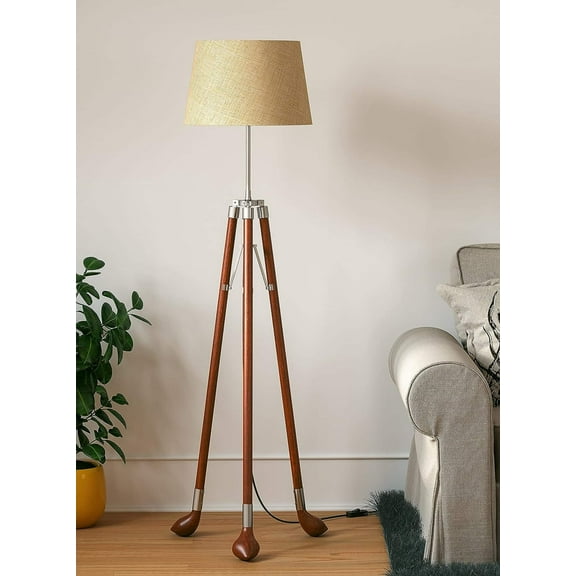 Golf Legs Tripod Floor Lamp Standing Wooden Brown Polished Silver with 12 Inches Jute Lampshade for Living Room Corner, Home, Hotel, Office