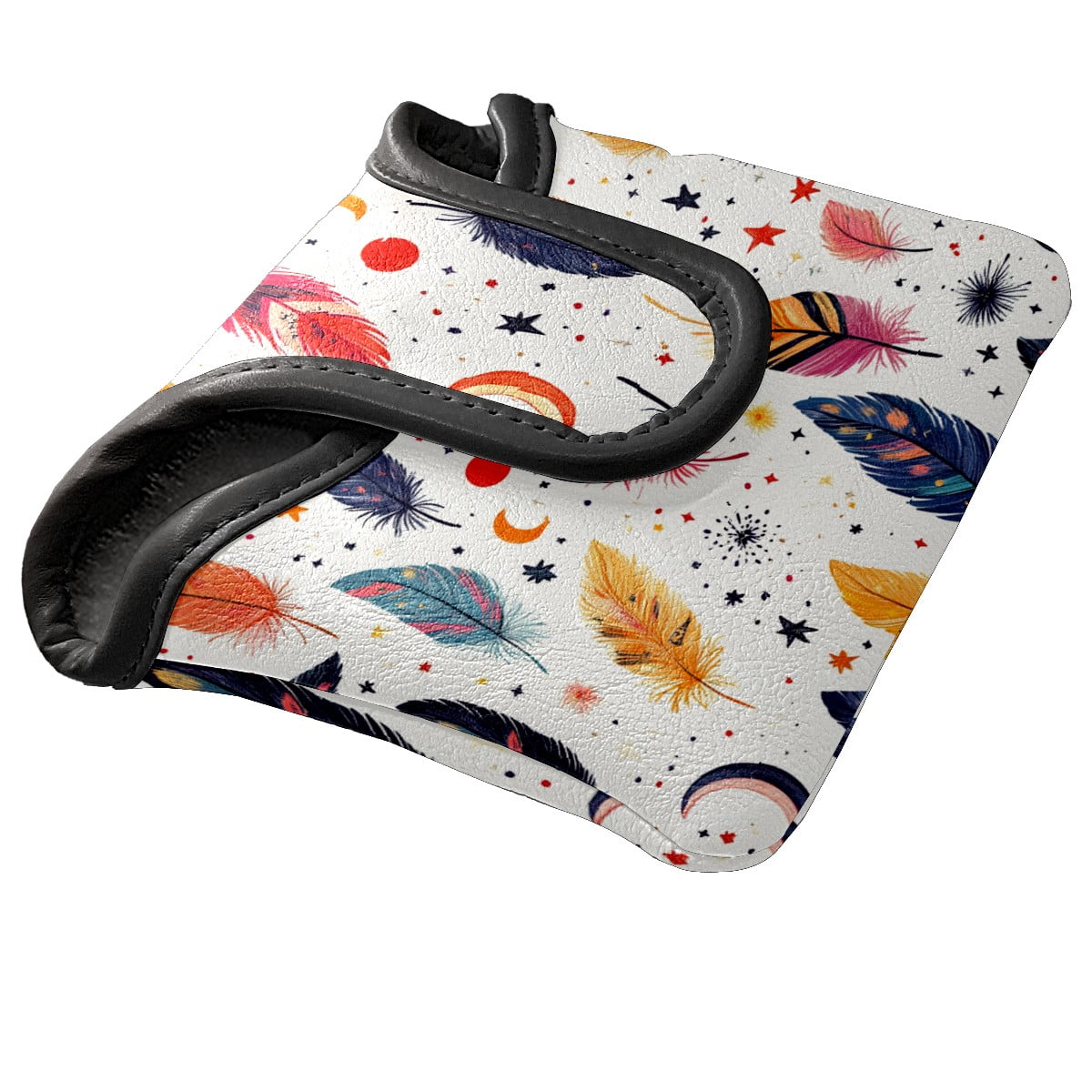 Golf Mallet Putter Cover Premium Leather Waterproof Golf Putter Head Cover with Magnetic Closure Colorful Feathers