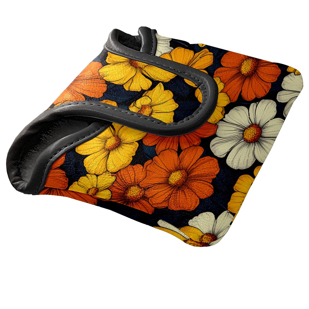 Golf Mallet Putter Cover Premium Leather Waterproof Golf Putter Head Cover with Magnetic Closure Orange Yellow Flowers