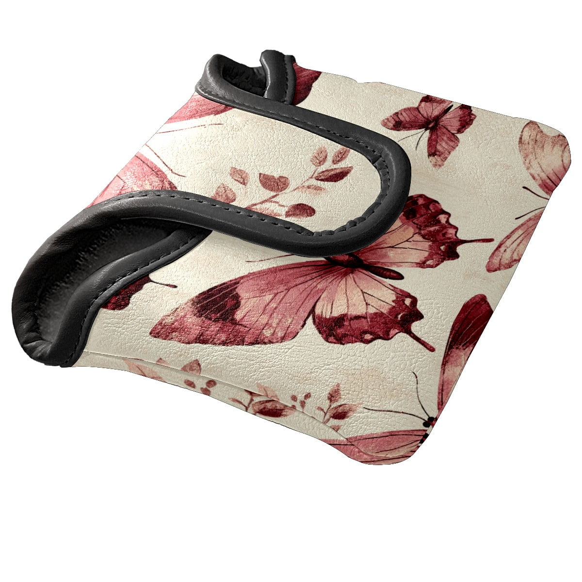 Golf Mallet Putter Cover Premium Leather Waterproof Golf Putter Head Cover with Magnetic Closure Rose-red Butterfly