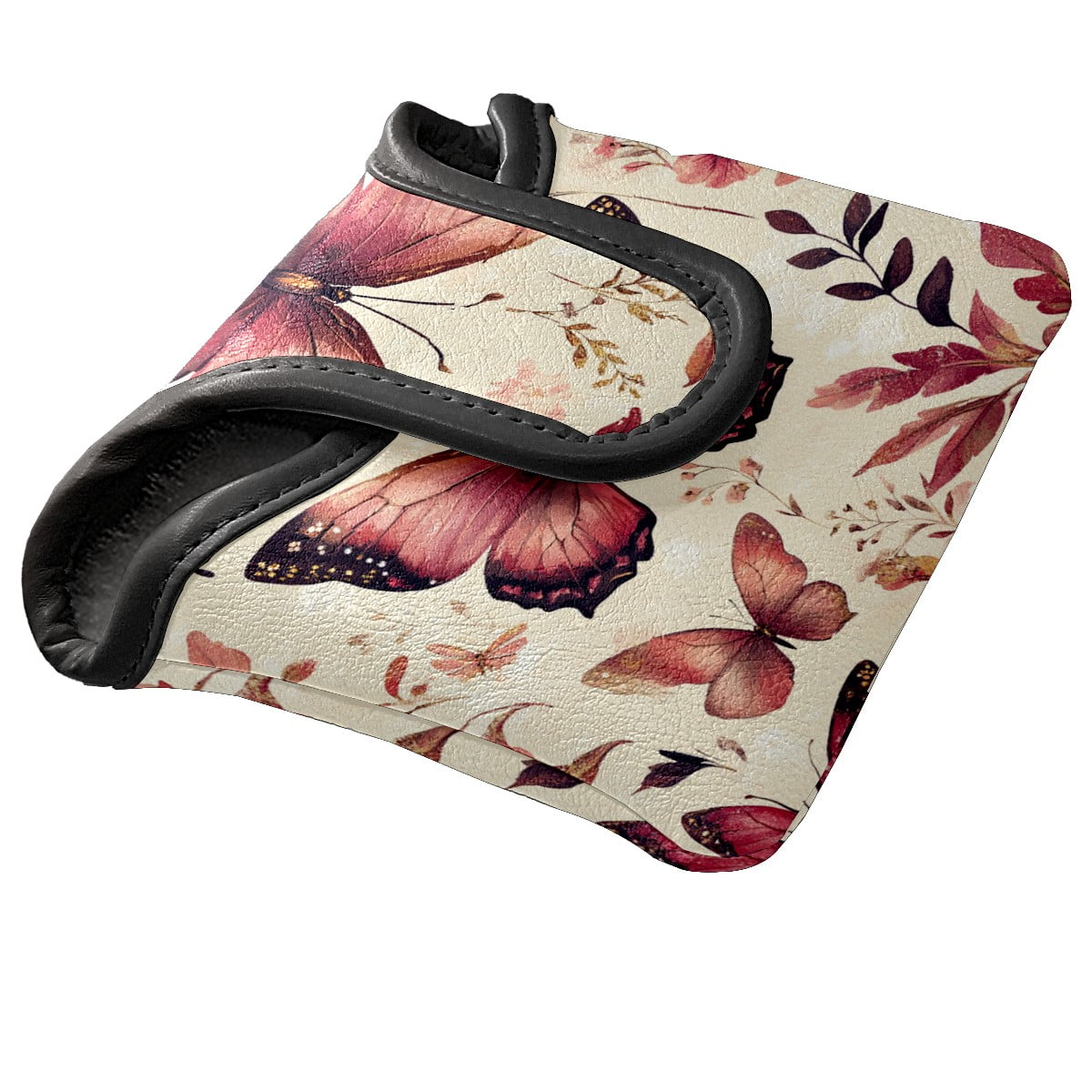 Golf Mallet Putter Cover Premium Leather Waterproof Golf Putter Head Cover with Magnetic Closure Rose-red Butterfly