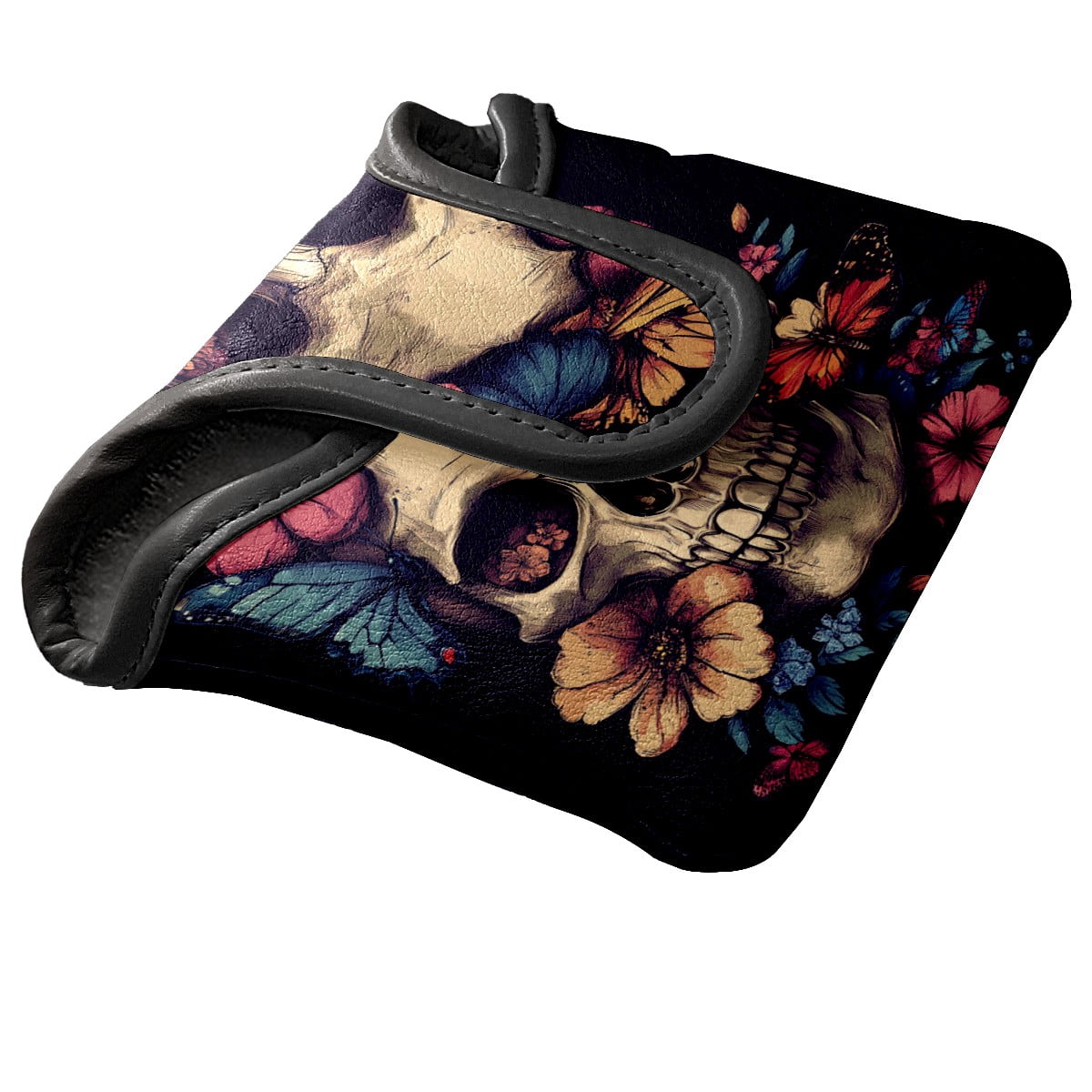 Golf Mallet Putter Cover Premium Leather Waterproof Golf Putter Head Cover with Magnetic Closure Skull with Butterflies and Flowers