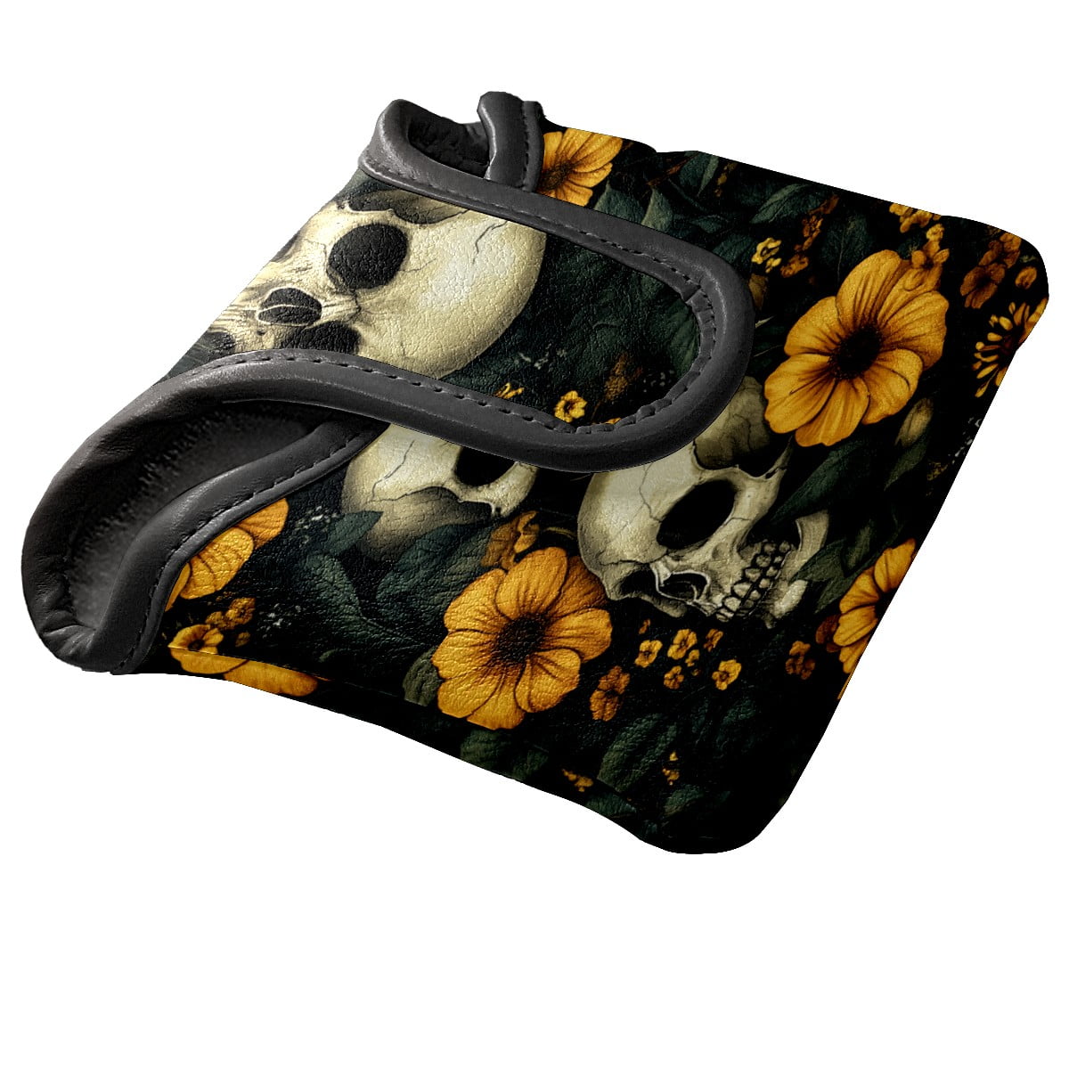 Golf Mallet Putter Cover Premium Leather Waterproof Golf Putter Head Cover with Magnetic Closure Yellow Flowers And Skulls