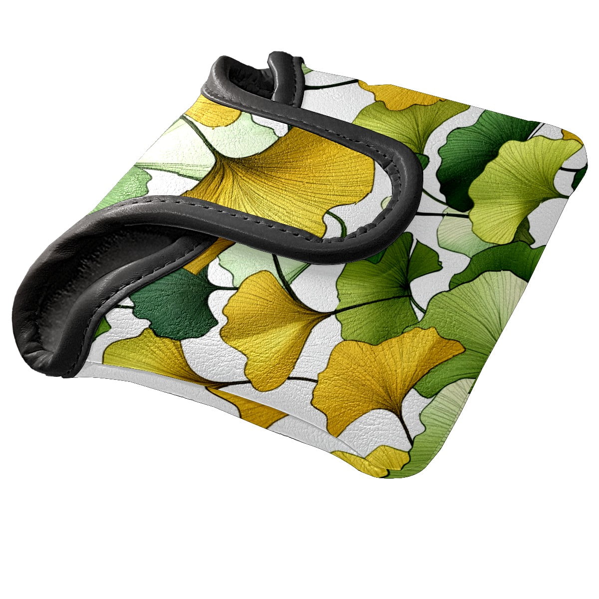 Golf Mallet Putter Cover Premium Leather Waterproof Golf Putter Head Cover with Magnetic Closure Yellow Green Ginkgo Leaves