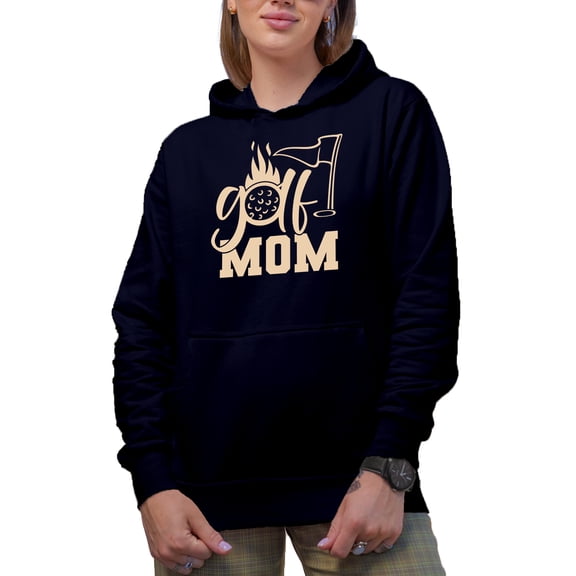 Golf Mom with Ball & Flag, Mother Golf Player, Golfing or Golfer Themed Merch Gift, Navy Blue Hooded Sweatshirt or Hoodie, Medium