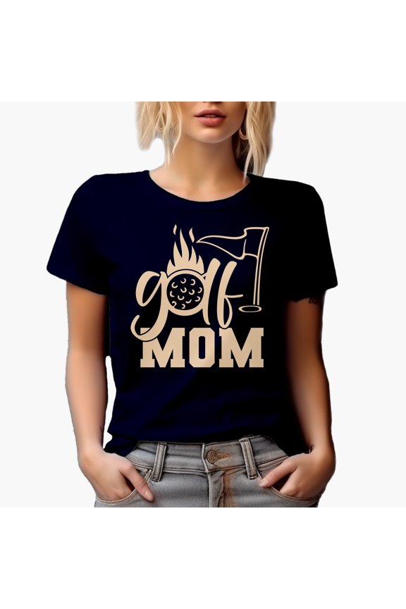 Golf Mom with Ball & Flag, Mother Golf Player, Golfing or Golfer Themed Merch Gift, Navy Blue T-Shirt, Medium