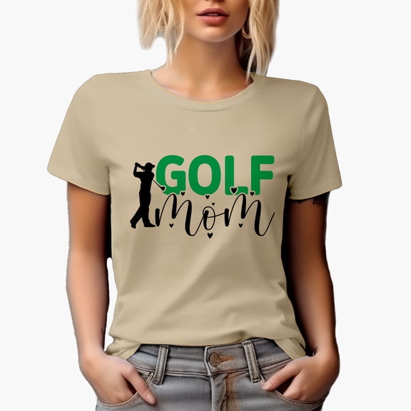 Golf Mom with Hearts & Swinging Golf Player, Golfing or Golfer Themed Merch Gift, Tan T-Shirt, XL
