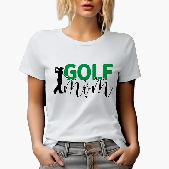 Golf Mom with Hearts & Swinging Golf Player, Golfing or Golfer Themed Merch Gift, White T-Shirt, L
